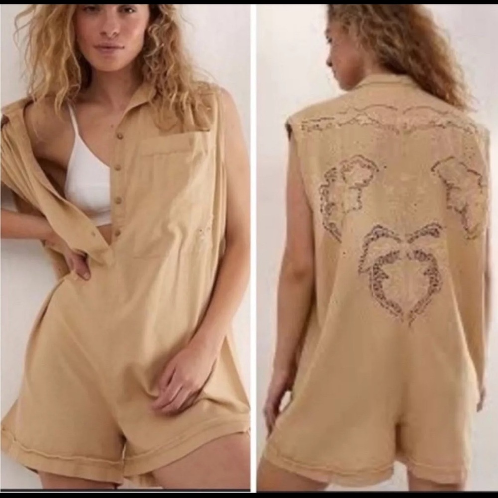 Intimately Free People Oversized Romper Embroidered The Jomo Festival Linen Sz S